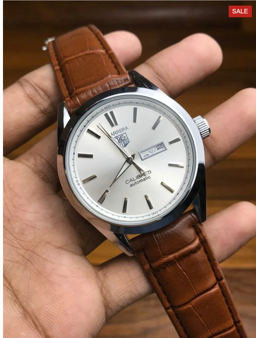 Tag Heuer Calibre 5 Brown Belt Silver Bezel White Dial